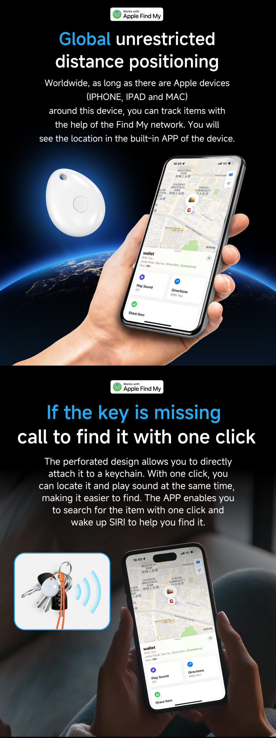 Illustration of the Stellarrise tracker using the global Apple Find My network to locate items from anywhere in the world with a smartphone.