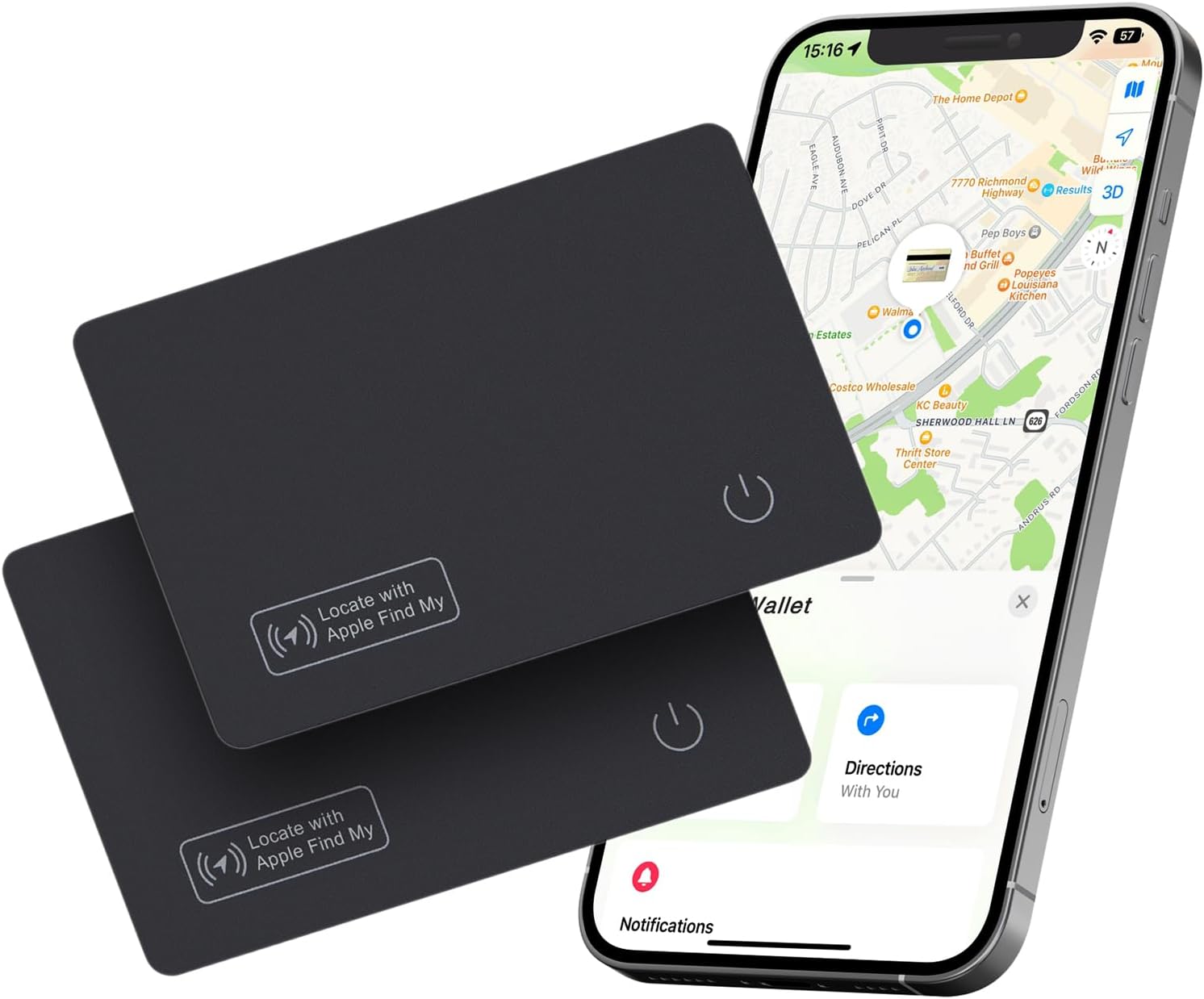 Two black locator cards with Apple Find My branding shown next to an iPhone displaying the tracking map.