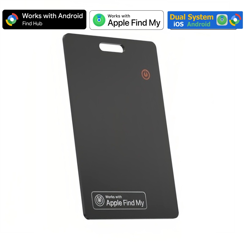 A perspective view of the black wallet tracker card, showing its slim profile and Apple Find My compatibility badge.