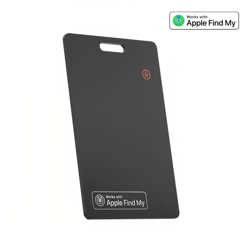 A perspective view of the black wallet tracker card, showing its slim profile and Apple Find My compatibility badge.
