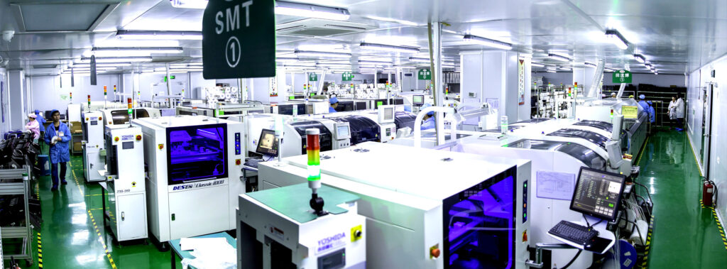The automated SMT production line at the Stellarrise Tech factory, used for manufacturing high-quality Bluetooth smart trackers.