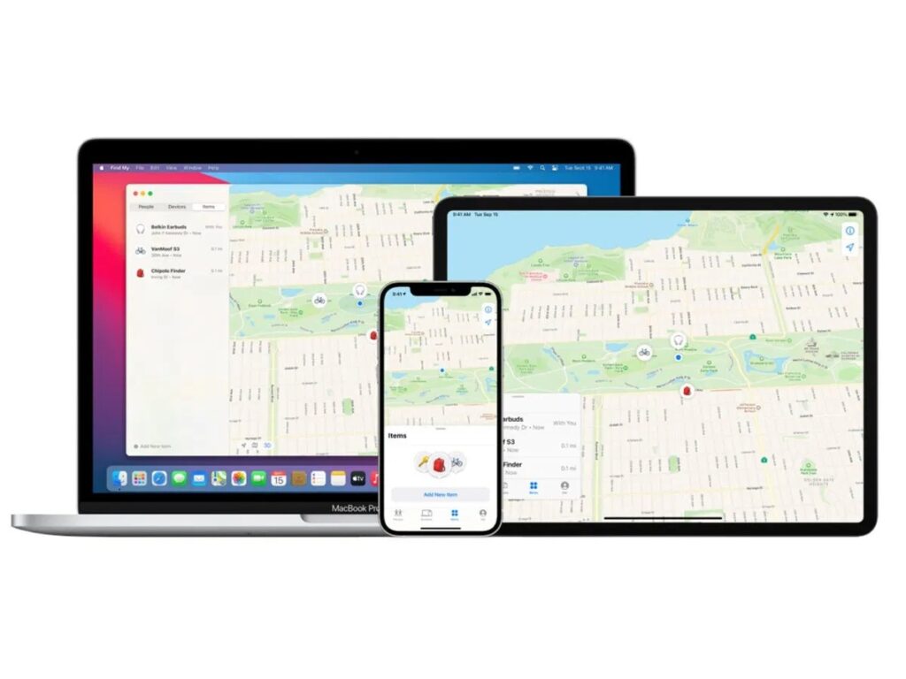 Apple Find My network tracking items on MacBook, iPhone, and iPad, showing real-time location on map.