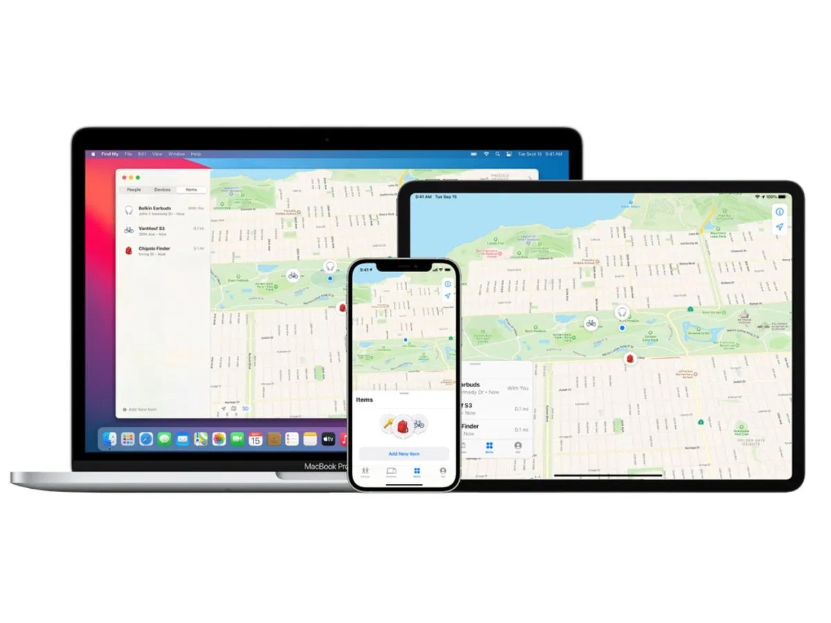 Apple Find My network tracking items on MacBook, iPhone, and iPad, showing real-time location on map.