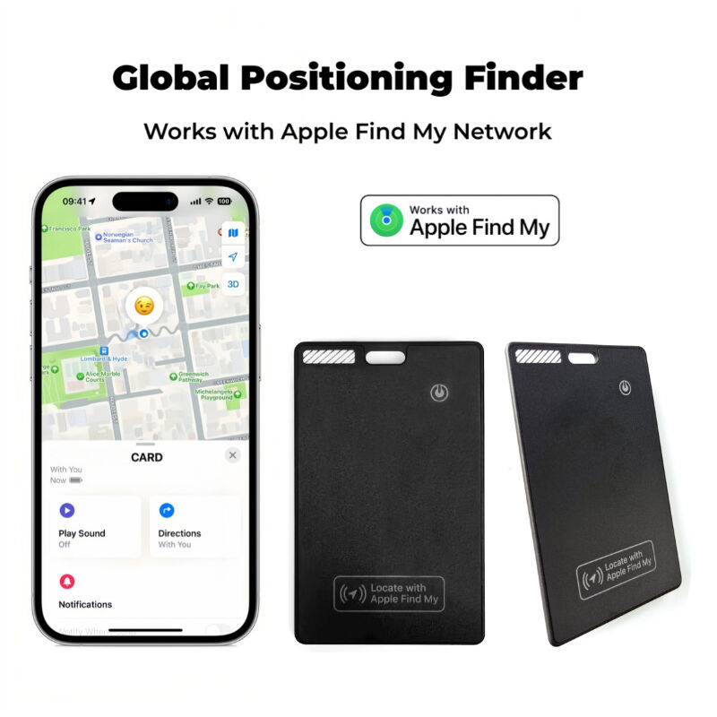 The global positioning finder card shown from the front and side, with the Apple Find My app interface.