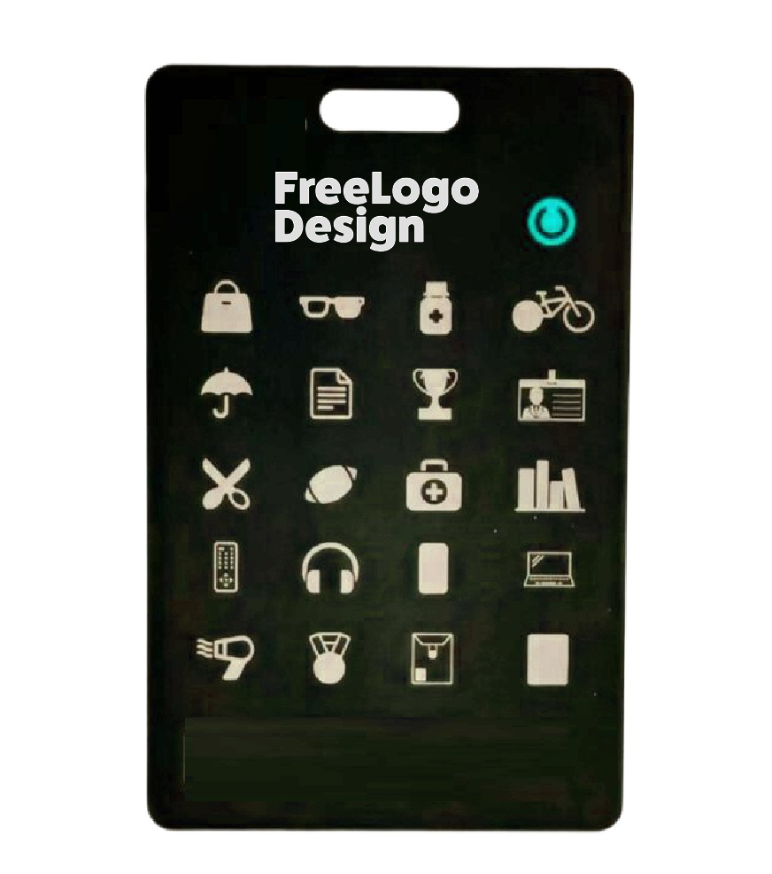 A customizable tracker card with a "Free Logo Design" option and icons for tracking various items.