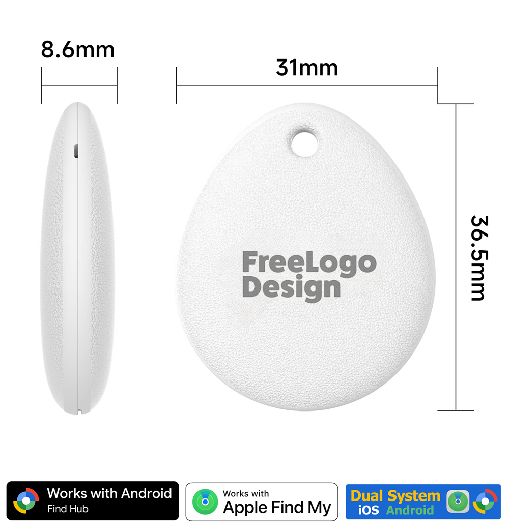 Stellarrise SR-Tag-02 white Bluetooth key finder showing its slim 8.6mm profile and dimensions. The tracker is compatible with both Apple Find My and the Android Find My Device network.
