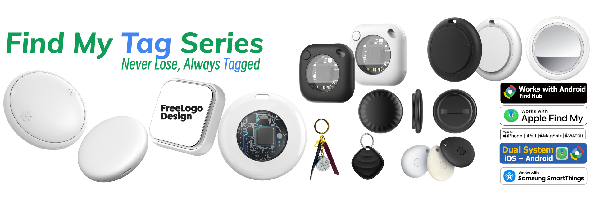 Find My Tag Series Bluetooth trackers — compatible with Apple Find My, Android Find My Device, and Samsung SmartThings