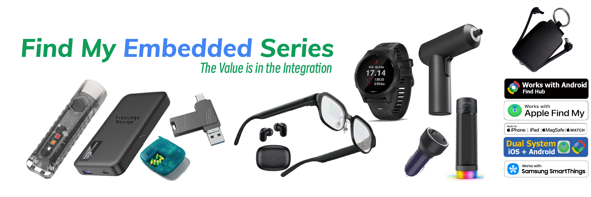 Find My Embedded Series — everyday gadgets with built-in Bluetooth tracking (power bank, flashlight, glasses, earbuds, watch) for Apple & Android