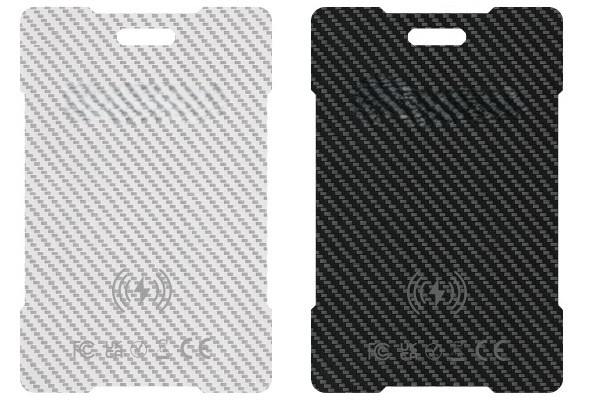 Wireless charging wallet tracker card with carbon fiber finish in black and white