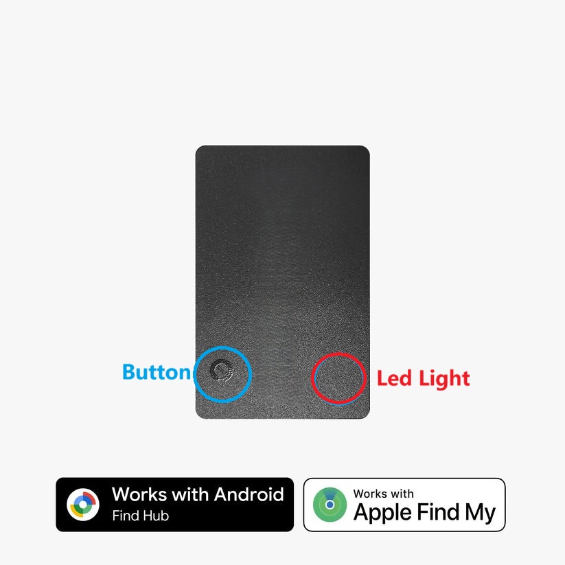 Dual-compatibility wallet tracker card that works with both Apple Find My and Android Find Hub, showing button and LED light.