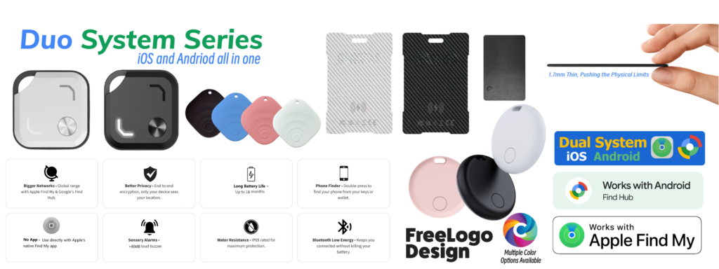 Duo System Series Bluetooth trackers banner showing round and square tags, cards, and iOS/Android badges