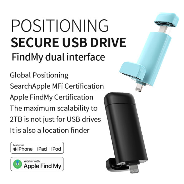 A promotional image of a secure USB drive with dual interface in blue and black. Text highlights global positioning, Apple MFi certification, FindMy compatibility, up to 2TB capacity, and location finder features.