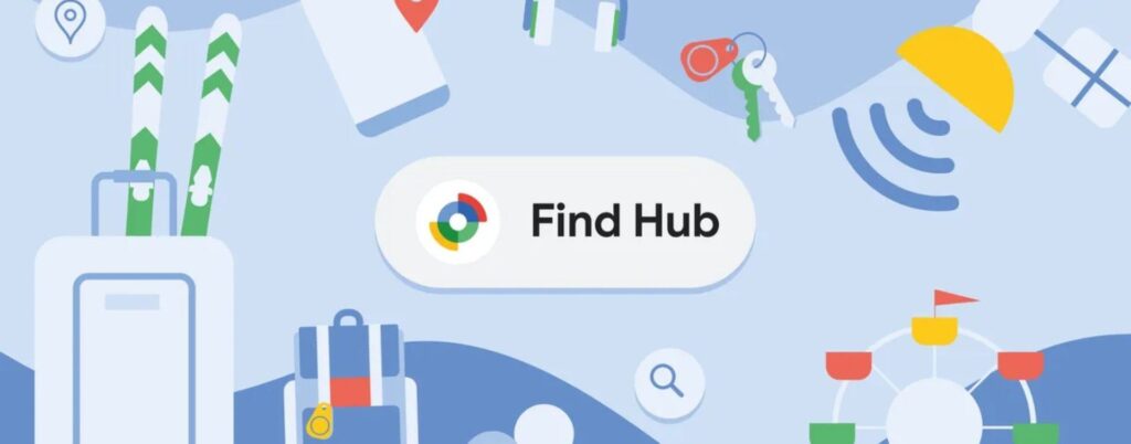 Find Hub logo and illustration showing lost items tracking
