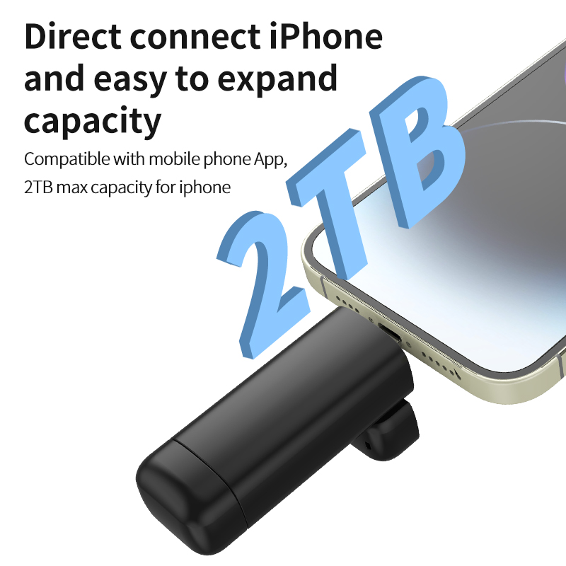 A close-up of an iPhone with a black external storage device connected. Large blue text displays 2TB. The image highlights easy connection and expanded capacity for iPhones, supporting up to 2TB.