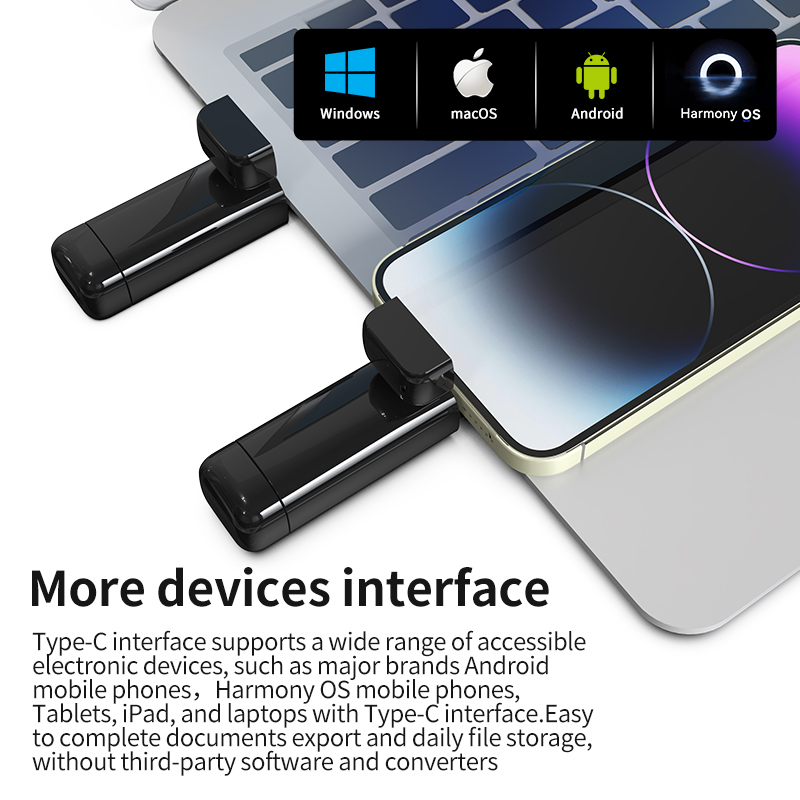 Two USB Type-C devices are connected to a laptop, next to a smartphone. Icons for Windows, macOS, Android, and Harmony OS appear above, highlighting compatibility with multiple operating systems.