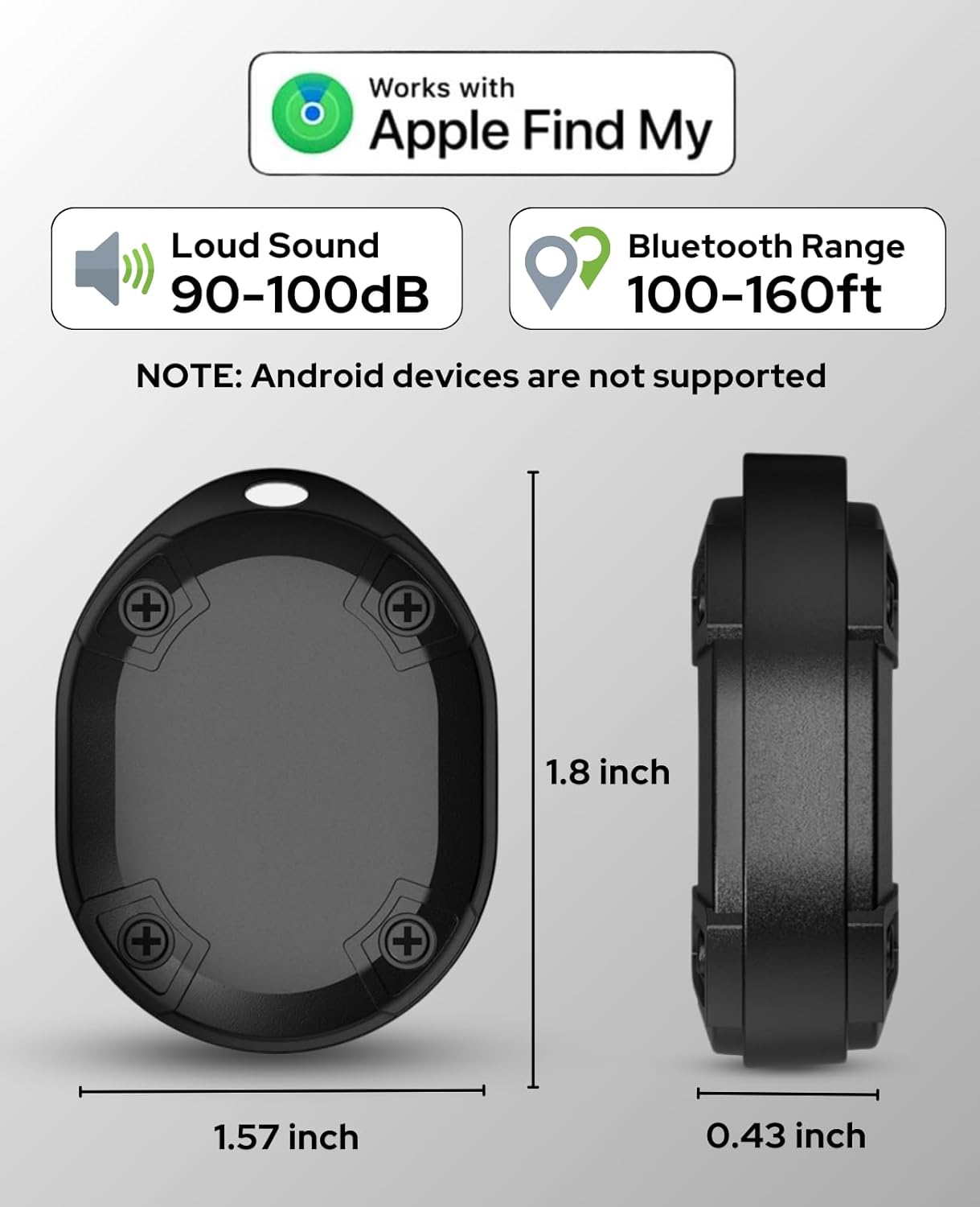Black round Bluetooth tracker dimensions and specs: 90-100dB loud sound, 100-160ft Bluetooth range, and works exclusively with Apple Find My