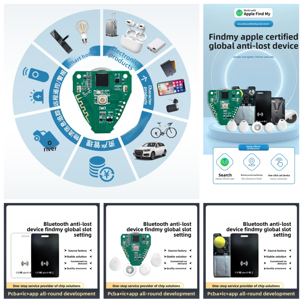 Apple Find My certified global anti-lost device application map, showing use cases in smart home, electronic products, car tracking, and one-stop chip solution service