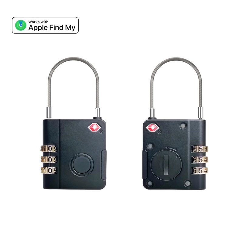 Two black combination padlocks are shown, front and back, each with three rotating dials. A small red diamond logo and a circular button are visible. The image also displays a Works with Apple Find My badge.