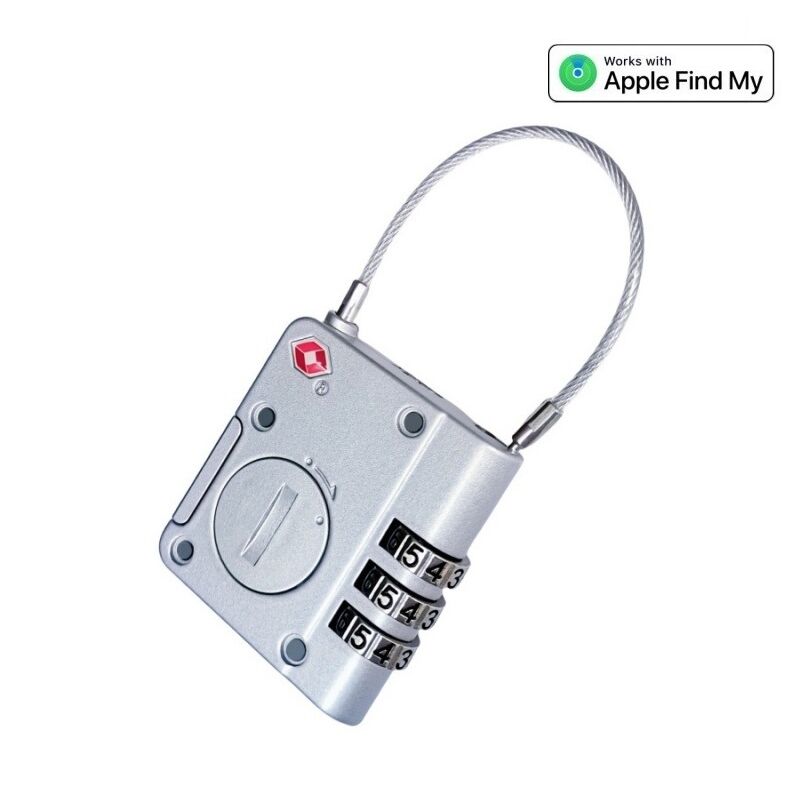 A silver combination lock with a cable shackle, numeric dials set to 1543, and a red TSA logo. A badge in the corner says, “Works with Apple Find My.”.