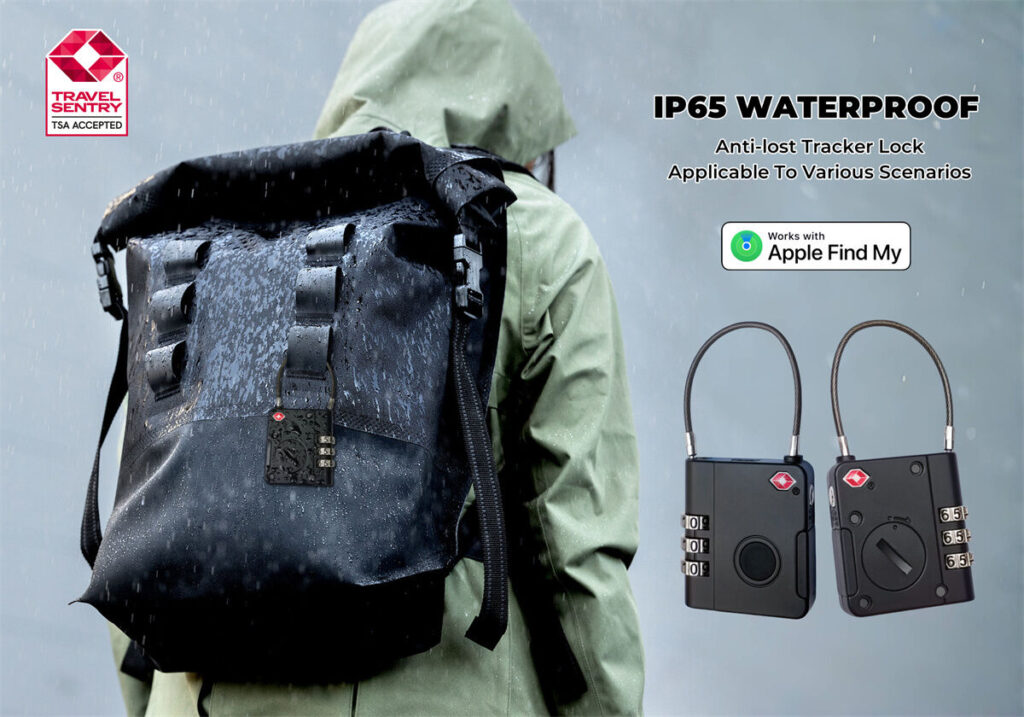 A person wearing a rain jacket carries a waterproof black backpack secured with a TSA-approved anti-lost tracker lock. Two close-up views of the lock appear on the right, with an Apple Find My compatibility badge.