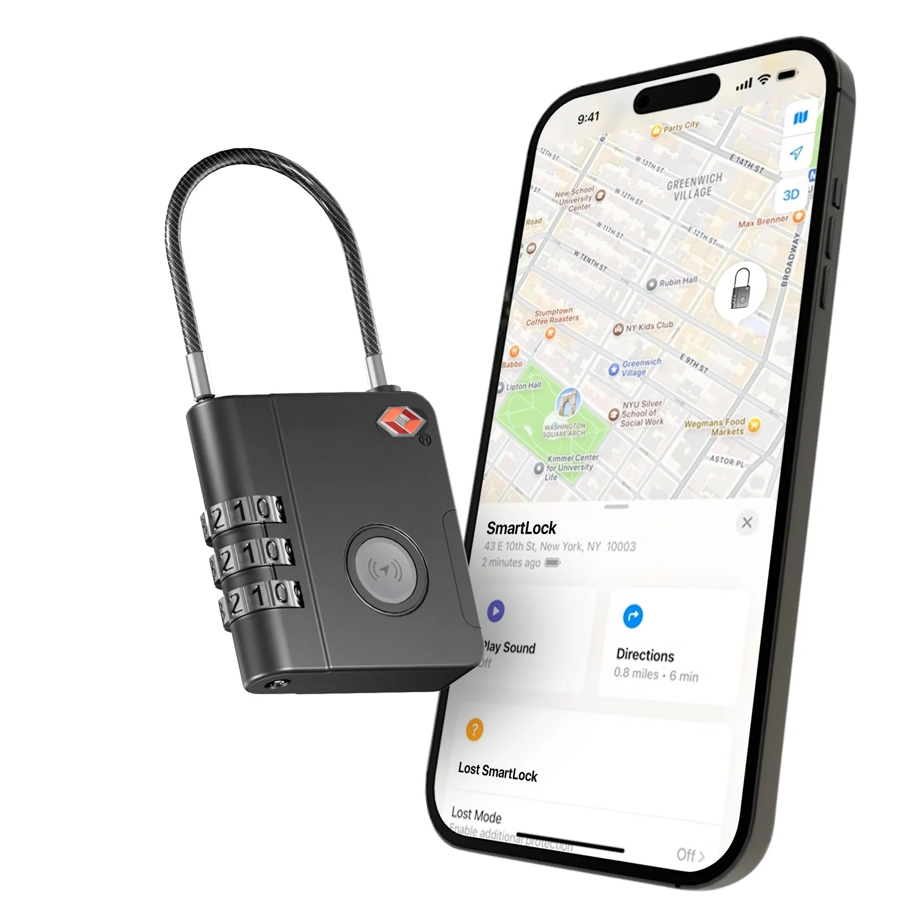 A smart padlock with a numeric keypad is shown next to a smartphone displaying a map and directions for locating the lock, suggesting app-based tracking and control features.