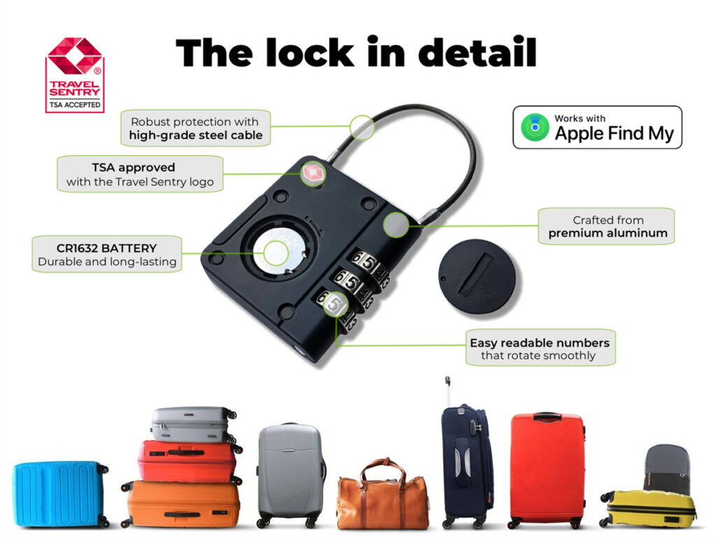 A black TSA-approved luggage lock with a high-grade steel cable and a combination dial is shown, along with features like Apple Find My compatibility, premium aluminum, and durable CR1632 battery. Luggage of various colors is pictured below.
