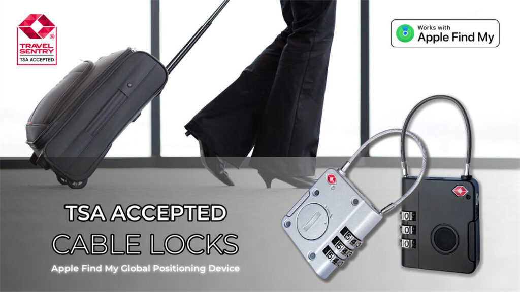 A person pulls a rolling suitcase with TSA accepted cable locks displayed in the foreground. The image highlights the locks compatibility with Apple Find My for global positioning.
