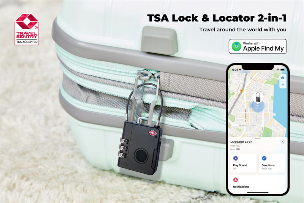 A pale mint green suitcase with a TSA-approved combination lock attached to the zipper. A phone displays a map and options for locating the lock using Apple Find My. TSA Lock & Locator 2-in-1 text is shown above.