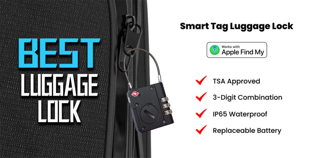 A black smart tag luggage lock attached to a suitcase, with features listed: TSA approved, 3-digit combination, IP65 waterproof, replaceable battery, and Apple Find My compatibility.