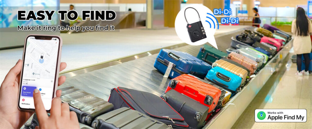 A person uses a smartphone to locate luggage on an airport baggage carousel, with a black smart tracker attached to a suitcase and a Works with Apple Find My badge visible.