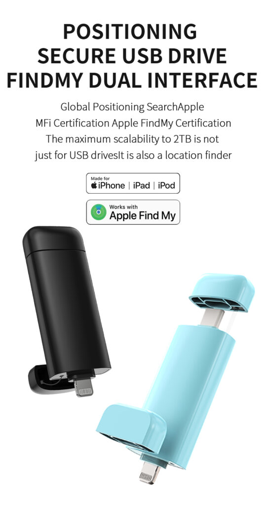 Two USB drives, one black and one blue, are shown with dual connectors, including a Lightning connector. Text above highlights their Apple Find My support, 2TB capacity, and compatibility with iPhone, iPad, and iPod.