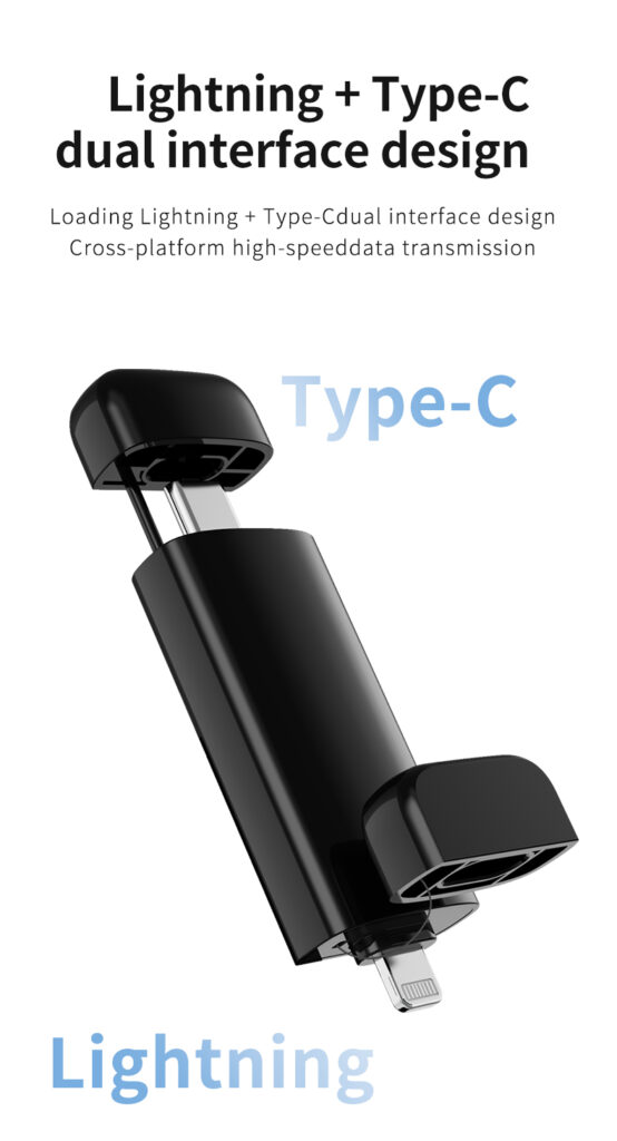 A black dual-ended adapter with Lightning and Type-C connectors is shown, featuring text highlighting its dual interface design for cross-platform high-speed data transmission.
