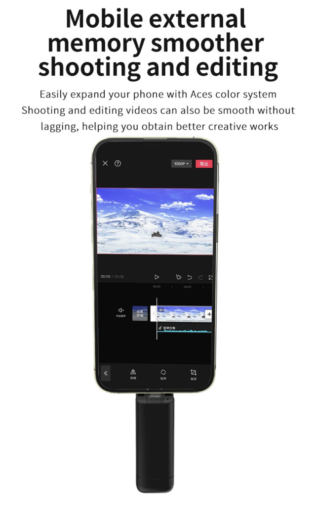 A smartphone with a video editing app open is connected to an external memory device via the charging port. Text above promotes smoother video shooting and editing with mobile external memory.