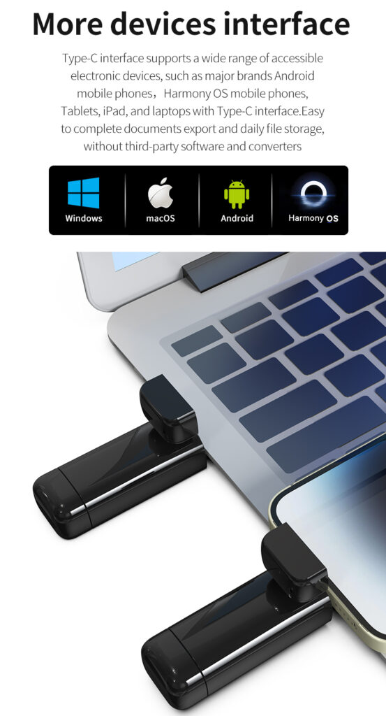 A laptop with two USB Type-C drives plugged in, alongside icons for Windows, macOS, Android, and HarmonyOS, highlighting compatibility with multiple devices.