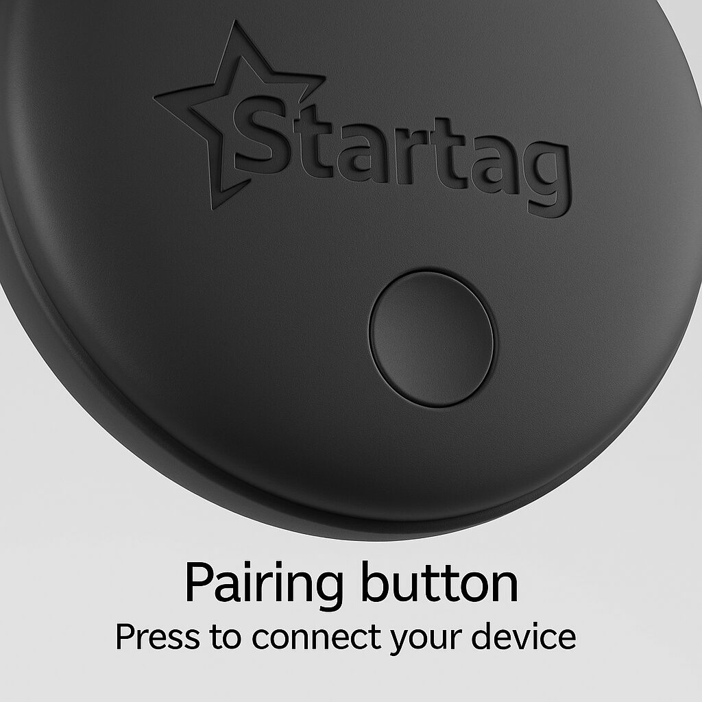 Close-up of a round black device labeled Startag with a pairing button. Text below reads: Pairing button. Press to connect your device.