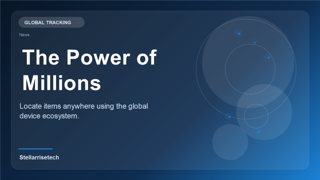 A smart tracking tag showing a secure connection to the global Apple Find My network ecosystem