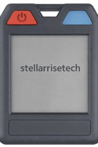 A black rectangular electronic device with a red power button, a blue button, and a gray screen displaying the text stellarrisetech.