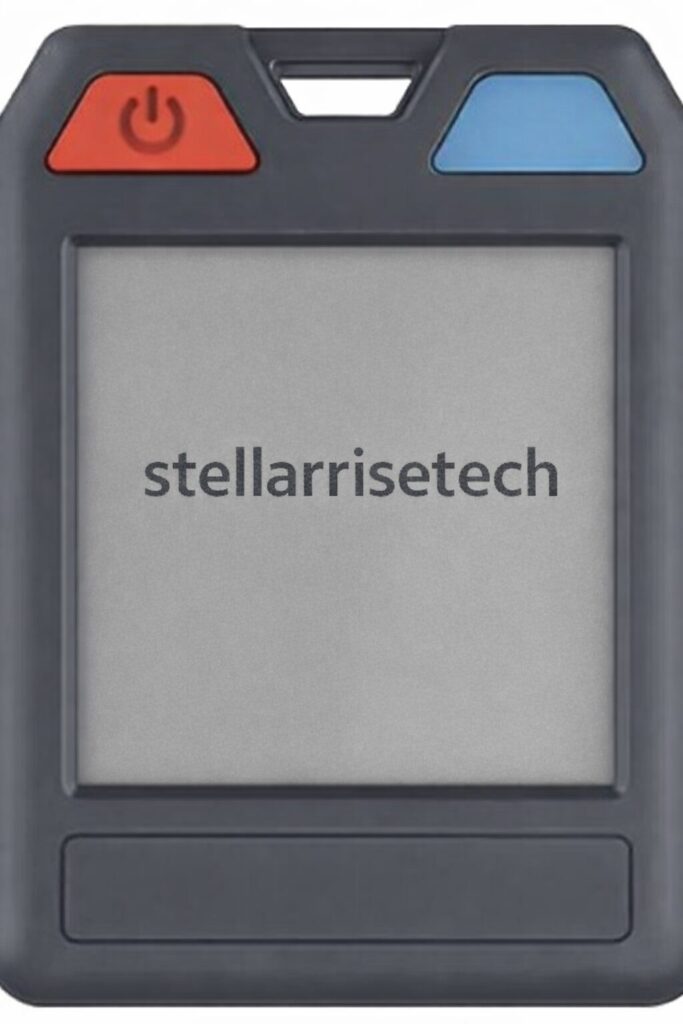 A black rectangular electronic device with a red power button, a blue button, and a gray screen displaying the text stellarrisetech.