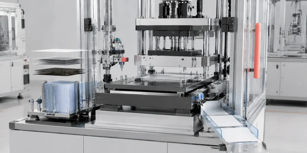 Concept visualization of an automated cold-press station producing thin connected cards