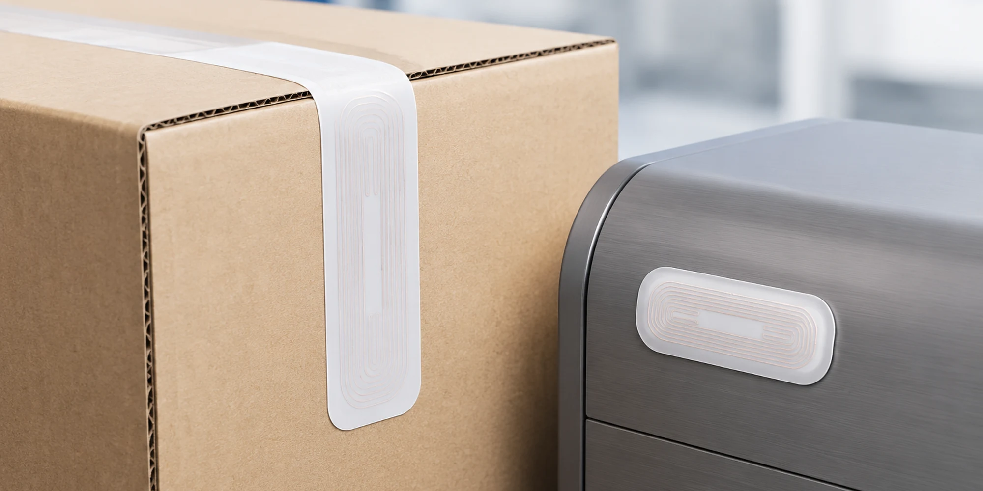 Concept visualization of flexible wireless asset labels applied to a carton and equipment