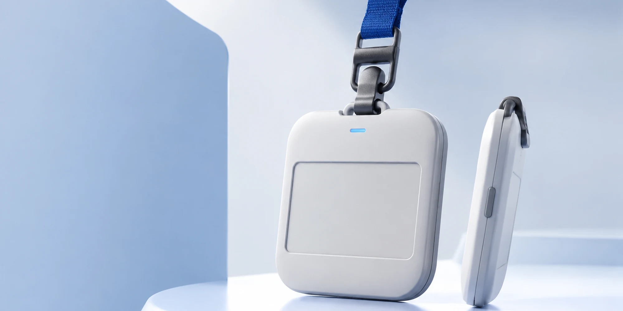 Concept visualization of an unbranded smart badge with a blank display and lanyard