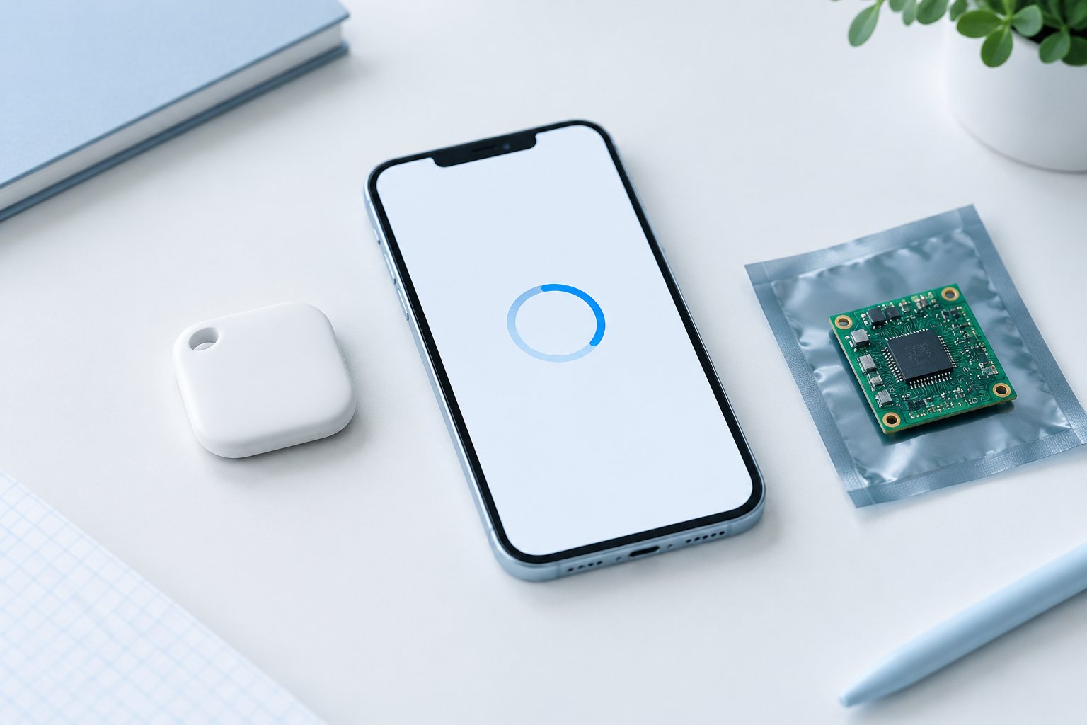 Generic tracker beside a phone showing an abstract update indicator and a small circuit board on an engineering desk / 工程桌面上的通用防丢器、显示抽象更新指示的手机与小型电路板