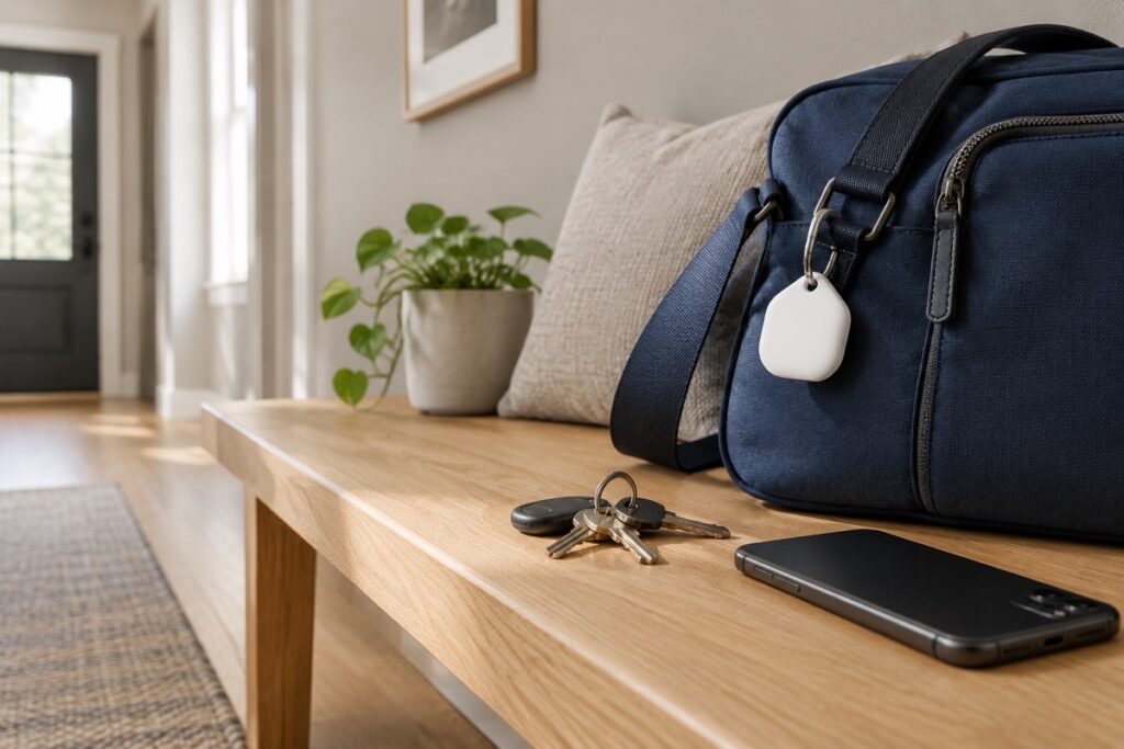 Generic Bluetooth tracker attached to a travel bag, illustrating last-seen location updates