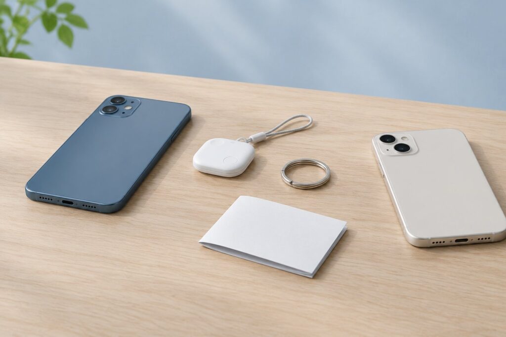 Unbranded Bluetooth tracker with two face-down phones on a desk, illustrating ownership handover / 无品牌蓝牙防丢器与两部屏幕朝下的手机置于桌面，示意所有权交接