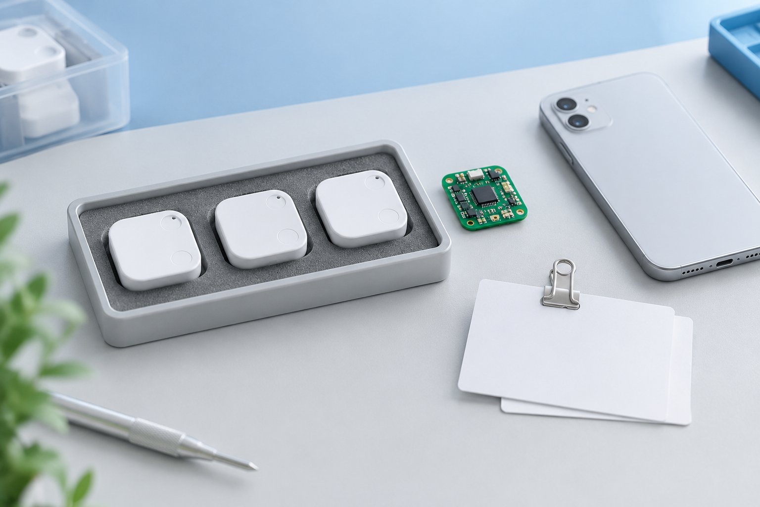 Unbranded white trackers, a circuit board, a face-down phone and blank release cards on a pale engineering desk / 浅色工程桌面上的无品牌白色防丢器、电路板、屏幕朝下的手机与空白放行卡片