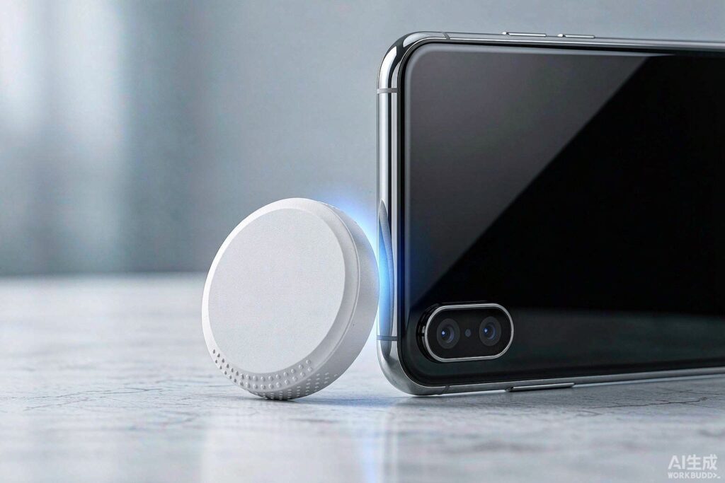 Tracker tag tapping a phone with contact glow / 防丢标签轻触手机、带触碰光晕