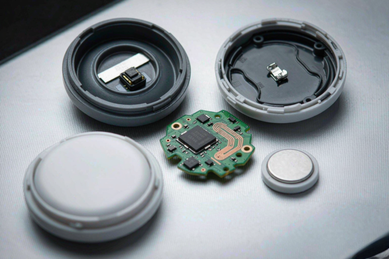 Disassembled electronic device with circuit board, round battery, and plastic casing components arranged on a light surface.