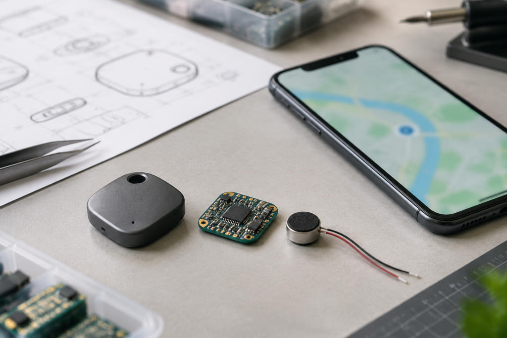 Generic unbranded Bluetooth tracker prototype, circuit board and acoustic transducer on an engineering workbench