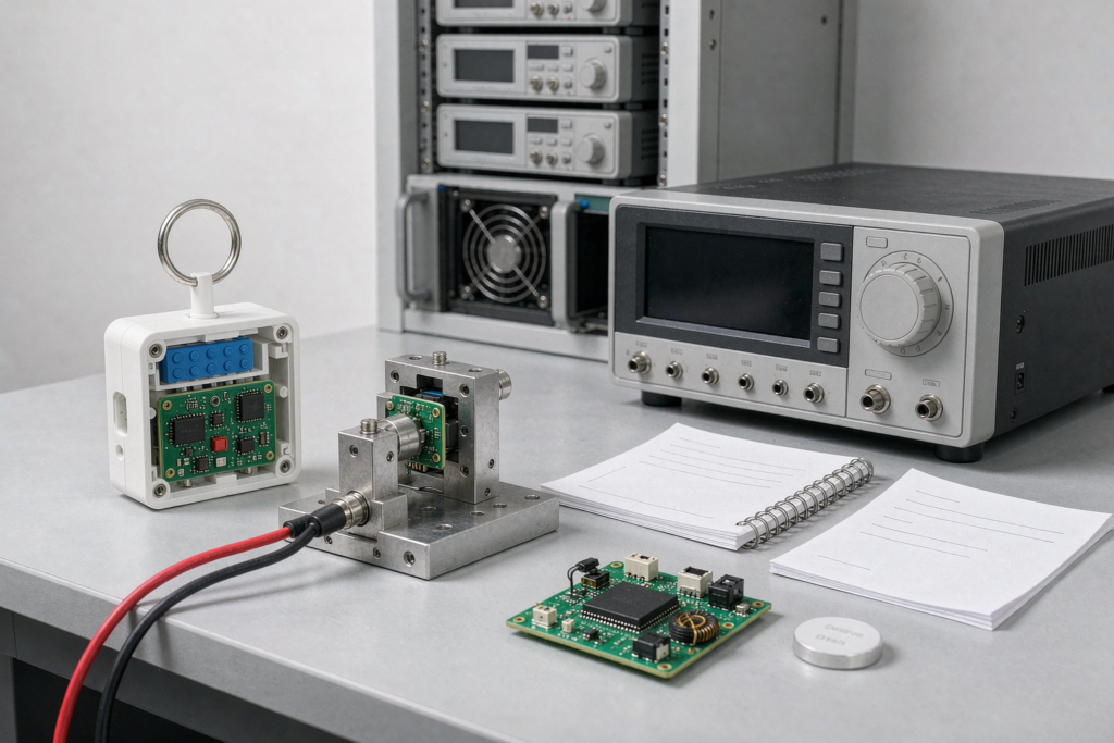 Bluetooth tracker prototype with PCBA, antenna, battery and validation instruments on an engineering bench