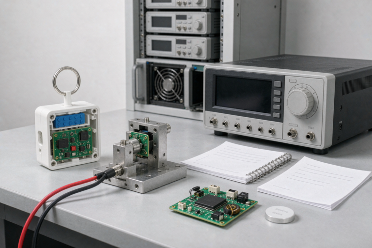 Bluetooth tracker prototype with PCBA, antenna, battery and validation instruments on an engineering bench